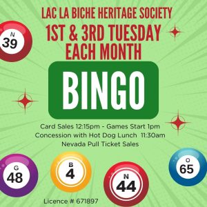 Bingo every 1st and 3rd Tuesday at the Heritage Activity Centre.